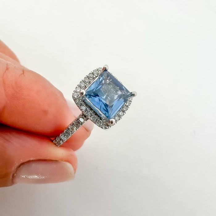Asscher Cut Sapphire Halo Engagement Ring 14K White Gold
