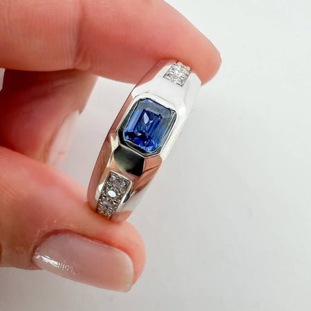 Emerald Cut Sapphire and Diamond Band Ring 14K White Gold