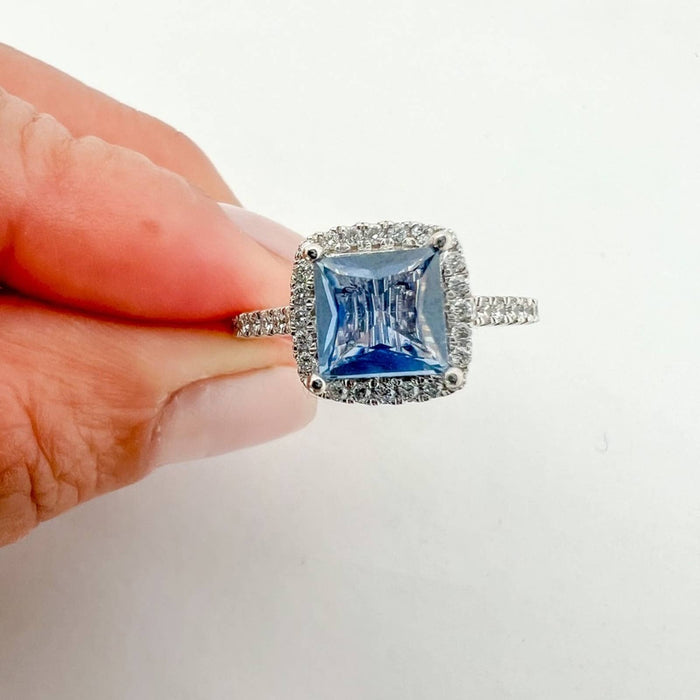 Asscher Cut Sapphire Halo Engagement Ring 14K White Gold