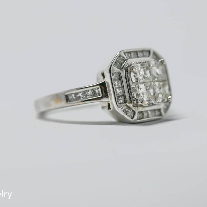 Art Deco Style Diamond Halo Engagement Ring 14K White Gold