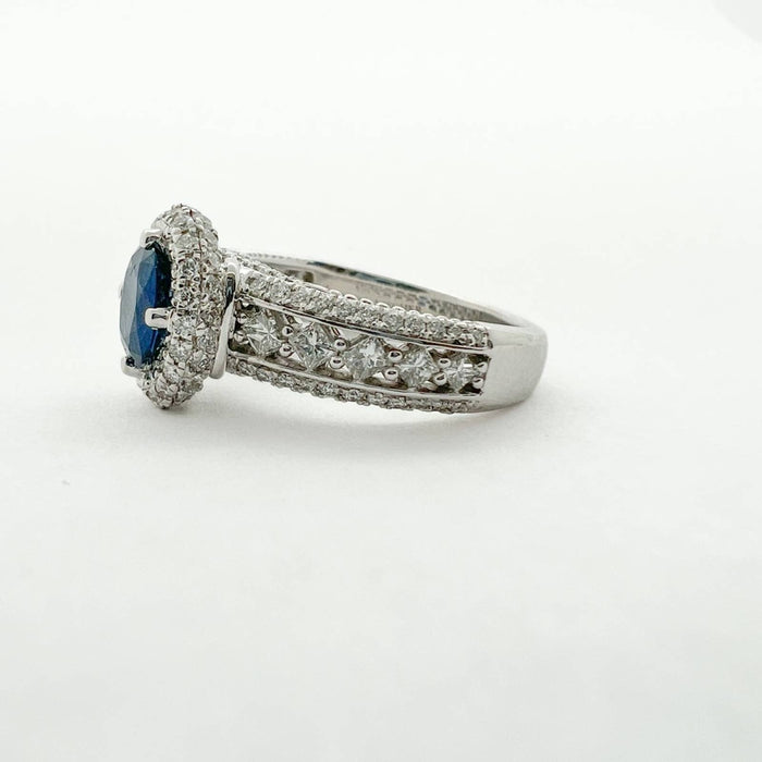 Blue Sapphire Halo Diamond Ring in 14K White Gold