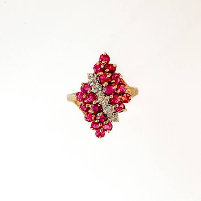 10K Yellow Gold Ruby and Diamond Vintage Cluster Ring