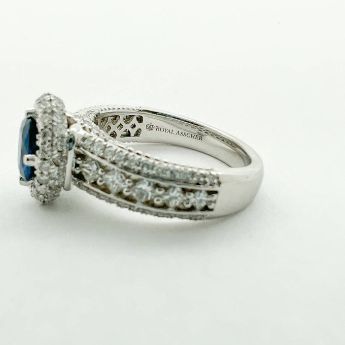 Blue Sapphire Halo Diamond Ring in 14K White Gold