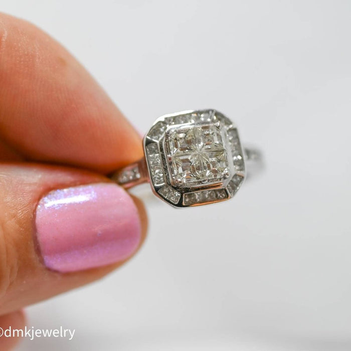 Art Deco Style Diamond Halo Engagement Ring 14K White Gold