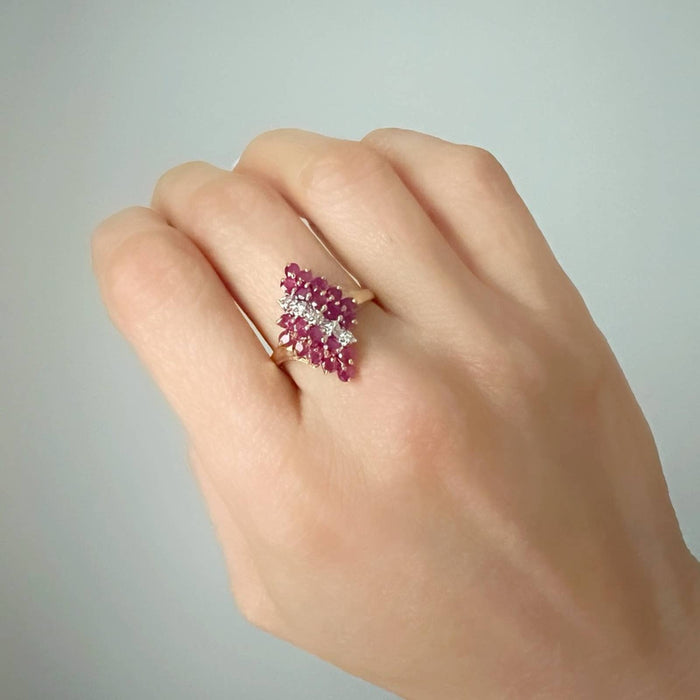 10K Yellow Gold Ruby and Diamond Vintage Cluster Ring