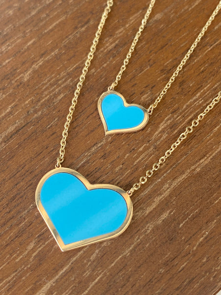 14K Yellow Gold Turquoise Heart Charm Pendant Necklace