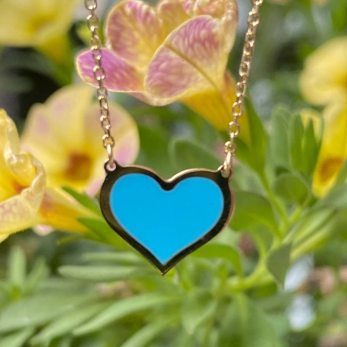 14K Yellow Gold Inlay Turquoise Heart Charm Pendant Necklace