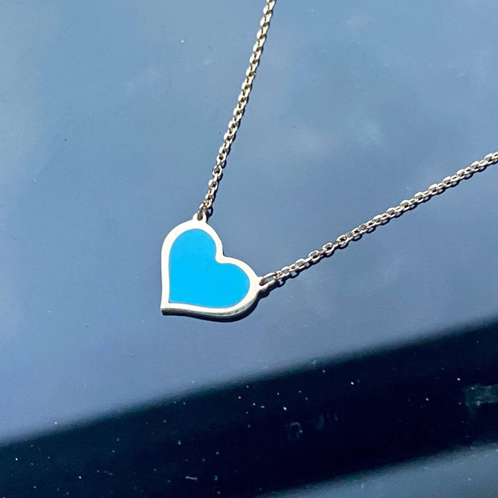 14K Yellow Gold Inlay Turquoise Heart Charm Pendant Necklace