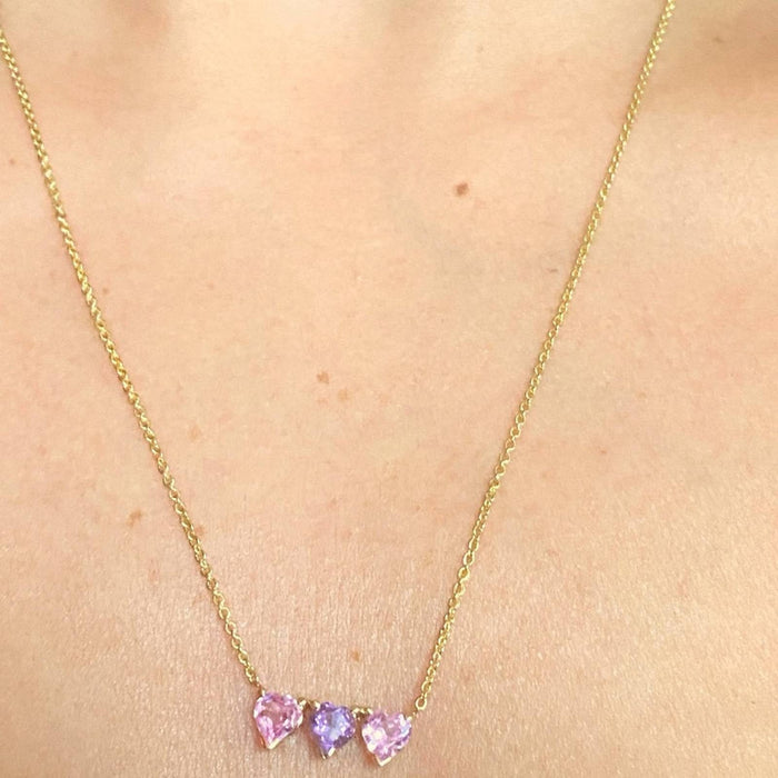 14k Gold Amethyst and Pink Topaz Necklace *  Gemstone Heart Necklace *