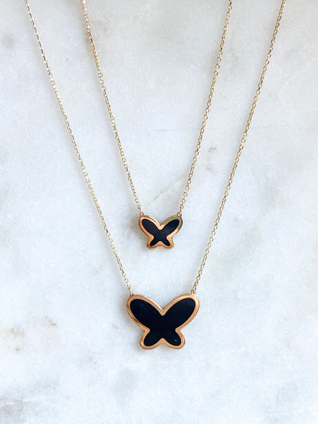 14K Yellow Gold Onyx Butterfly Necklace