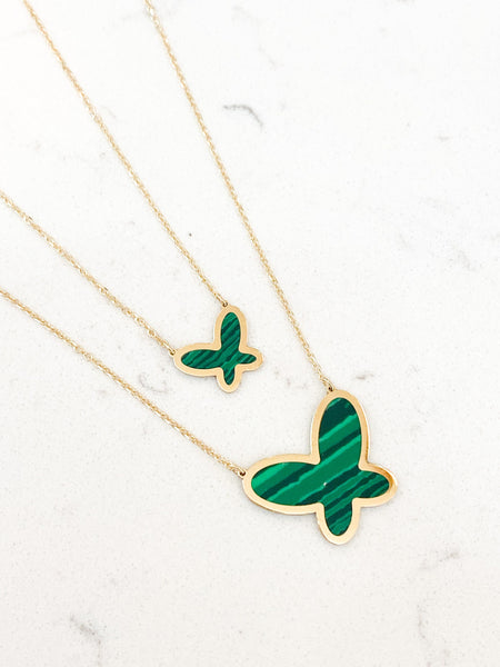 14K Yellow Gold Inlay Malachite Butterfly Necklace