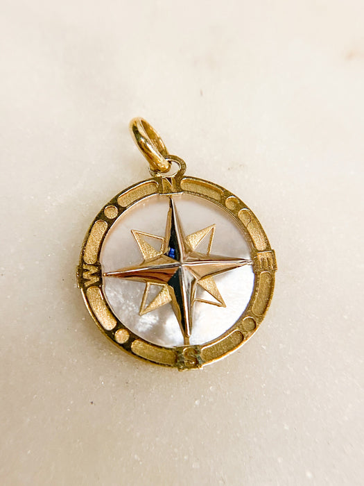 14K Gold Mother Of Pearl Compass Charm Pendant