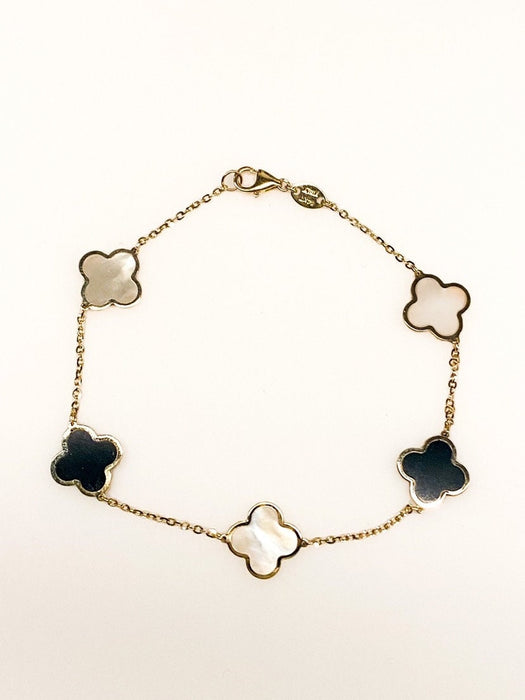 14K Yellow Gold Mother of Pearl and Onyx Clover Bracelet