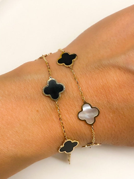 14K Yellow Gold Mother of Pearl and Onyx Clover Bracelet