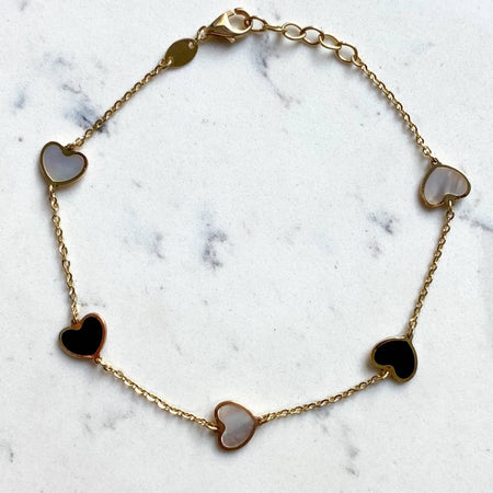 14K Yellow Gold Mother Of Pearl and Onyx Heart Station Bracelet