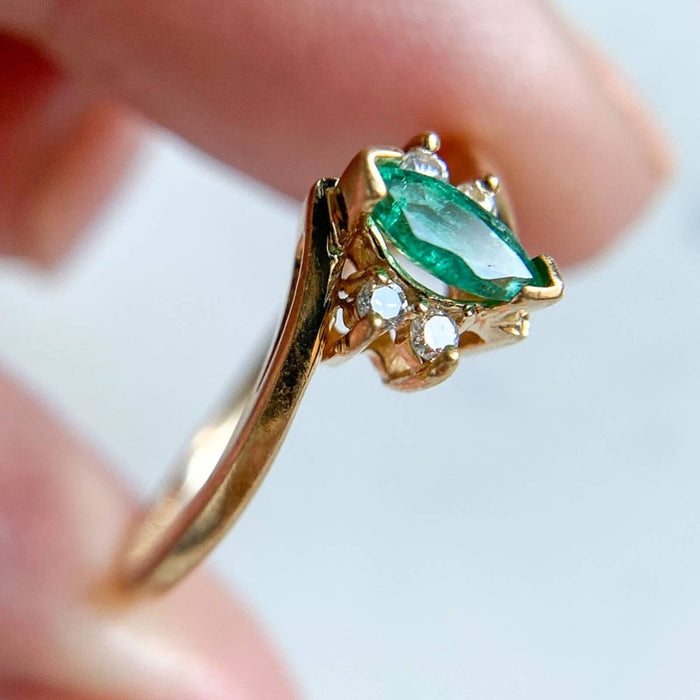 14K Yellow Gold Marquise Emerald and Diamond Vintage Ring