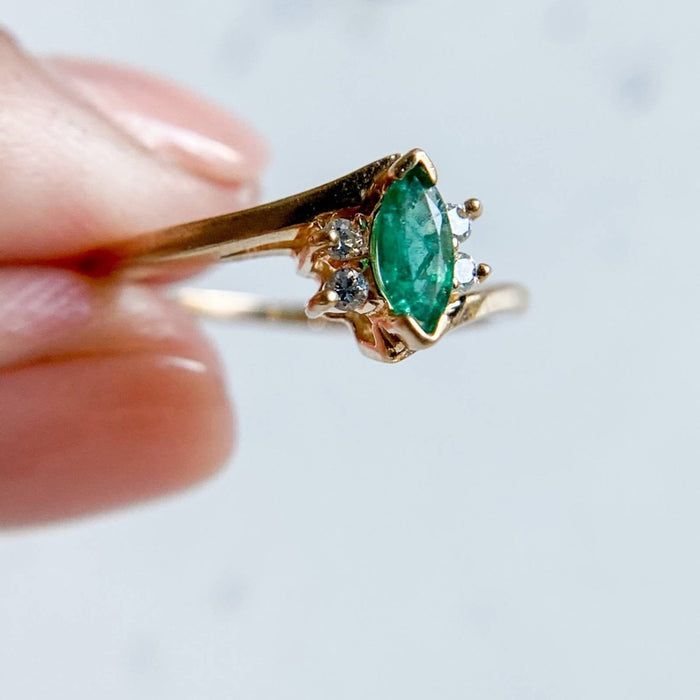 14K Yellow Gold Marquise Emerald and Diamond Vintage Ring