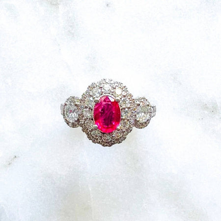 Ruby and Diamond Halo Engagement Ring in 14K White Gold