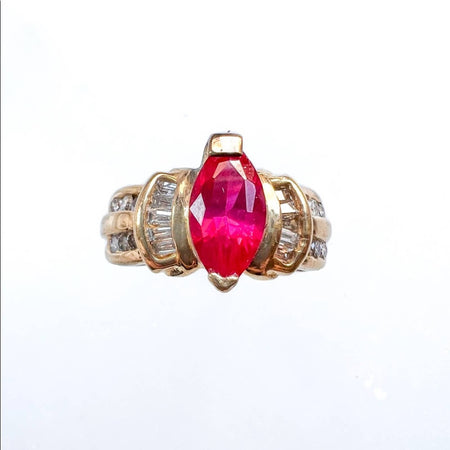 14K Yellow Gold Marquise Ruby Diamond Vintage Ring