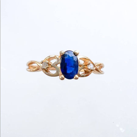 14K Yellow Gold Sapphire Diamond Cluster Vintage Ring