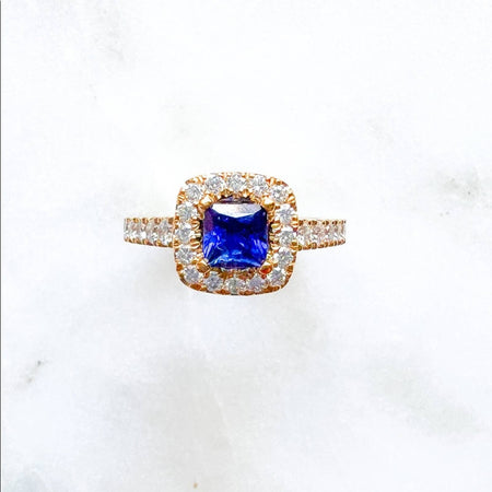 Princess Cut Blue Sapphire and Diamond Halo Engagement Ring in 14K Yellow Gold