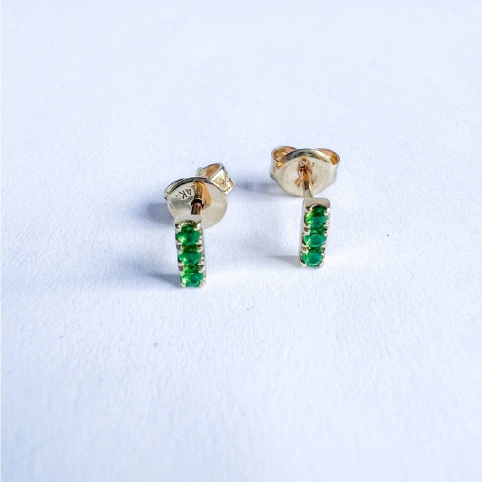 Mini Emerald Bar Stud Earrings 14K Gold