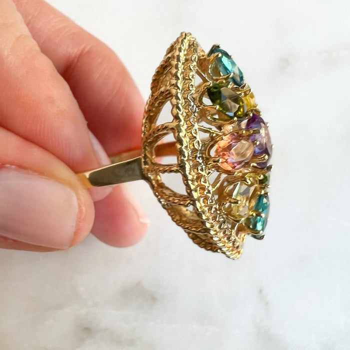 Vintage Multi Color Tourmaline Cocktail Ring 14K Yellow Gold