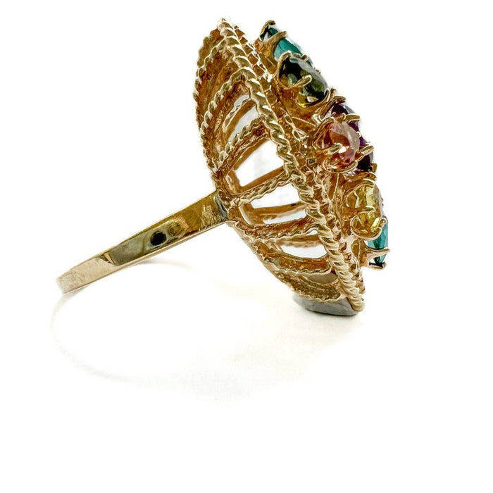 Vintage Multi Color Tourmaline Cocktail Ring 14K Yellow Gold