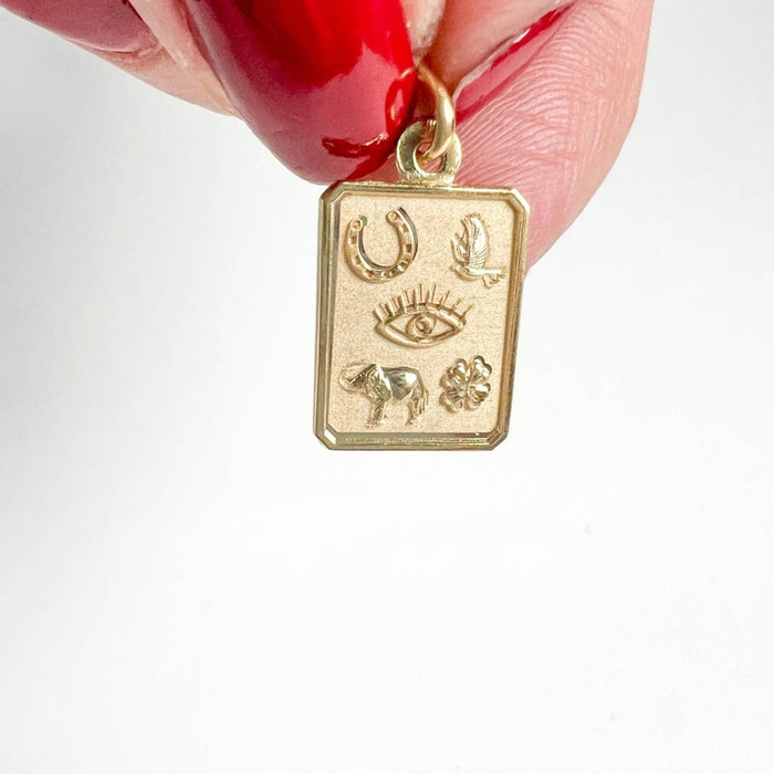 Lucky Symbols Dog Tag Charm Pendant 14K Yellow Gold