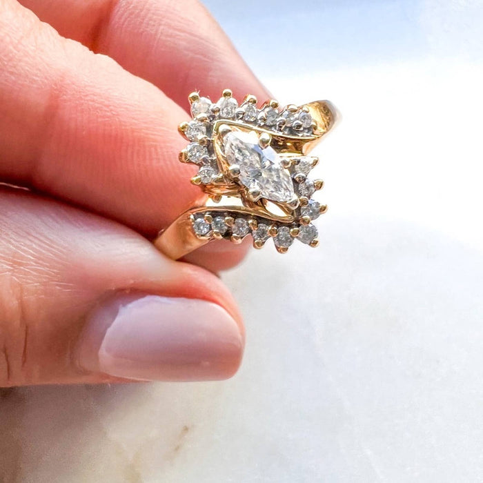 Vintage Marquise Diamond Cluster Ring 14K Yellow Gold
