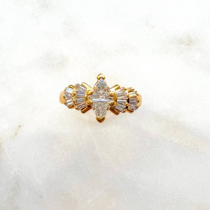 Vintage 14K Yellow Gold Baguette & Trillion Cut Diamond Engagement Ring