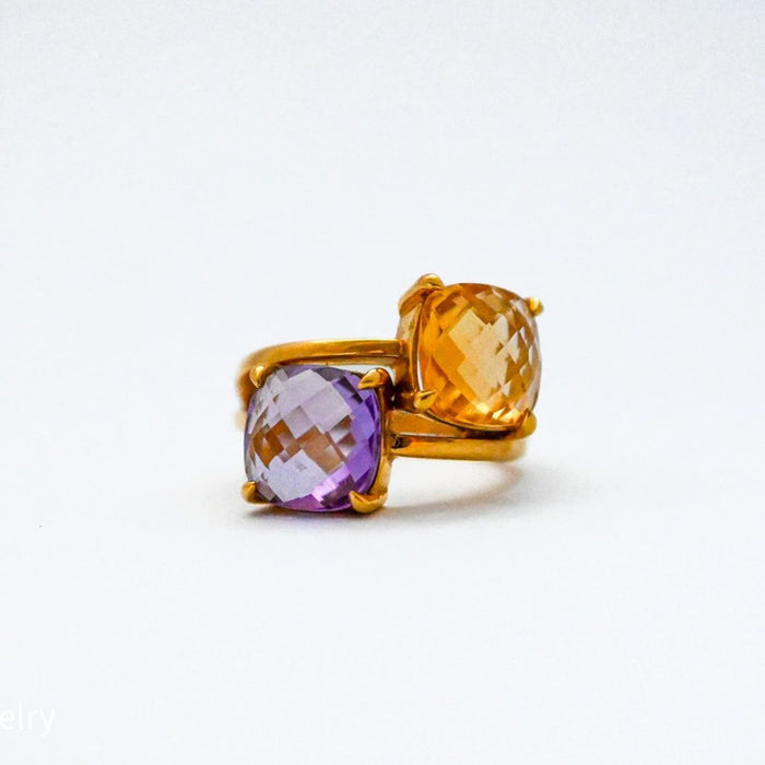 Amethyst and Citrine Bypass Vintage Ring 18K Yellow Gold