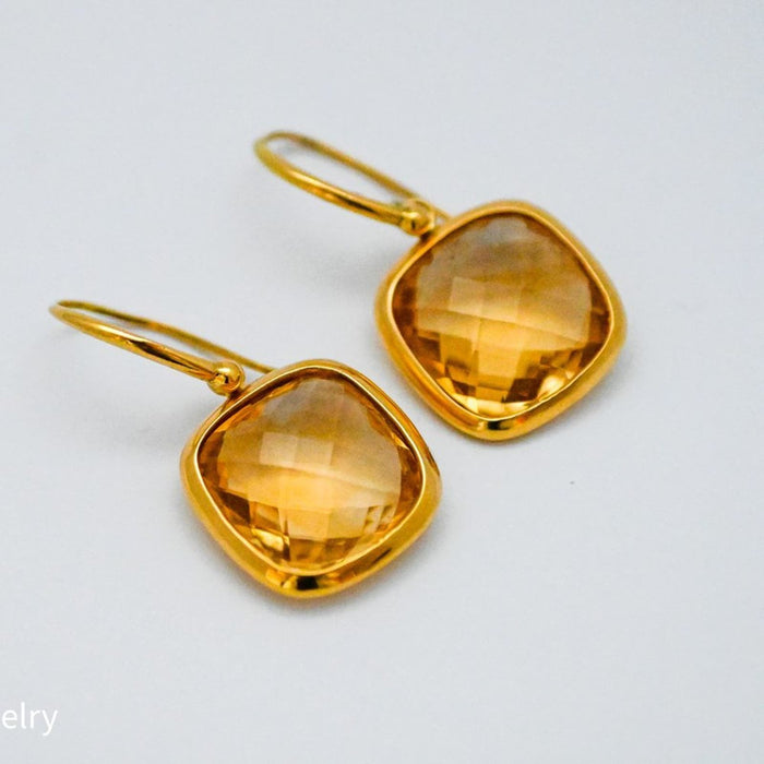 18K Yellow Gold Cushion Cut Citrine Earrings J-Back