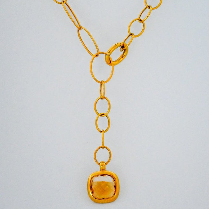 18K Yellow Gold Fancy Oval Mix Link Convertible Lariat Citrine Necklace