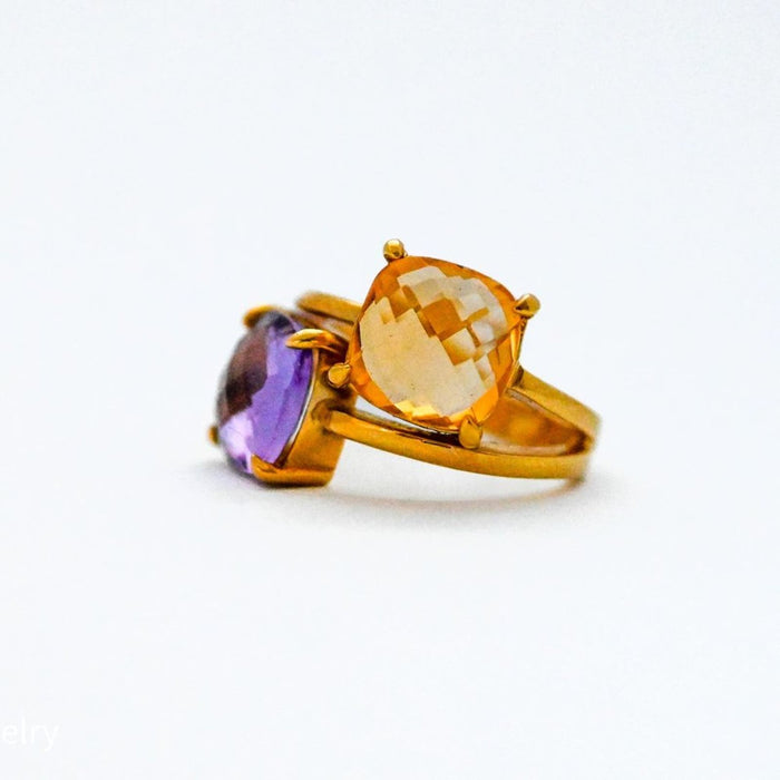 Amethyst and Citrine Bypass Vintage Ring 18K Yellow Gold