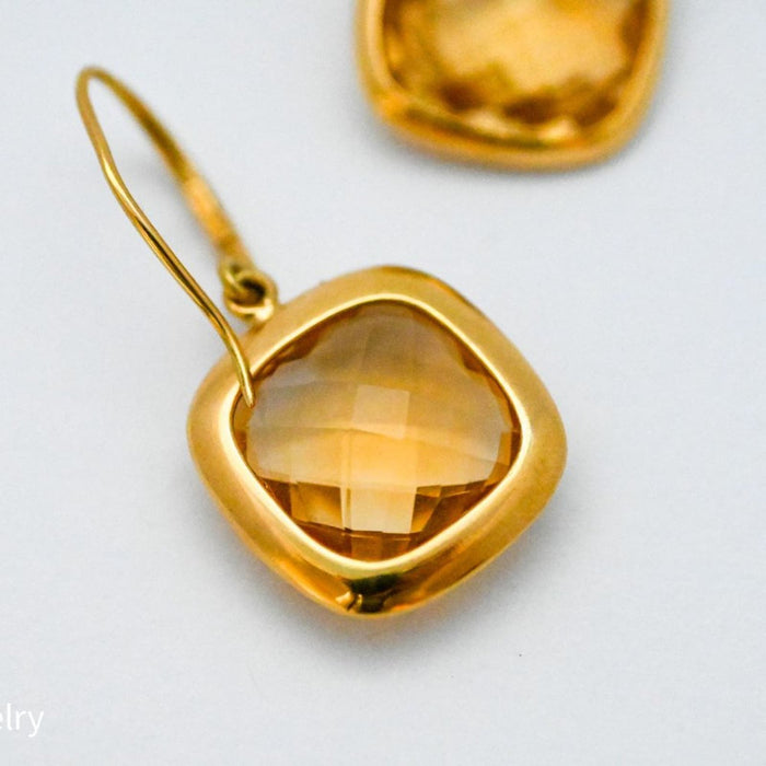 18K Yellow Gold Cushion Cut Citrine Earrings J-Back