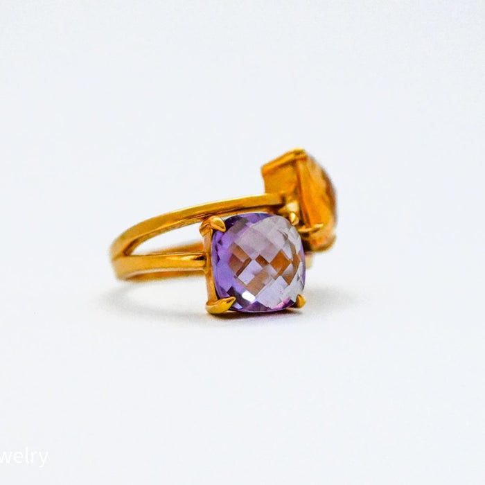 Amethyst and Citrine Bypass Vintage Ring 18K Yellow Gold