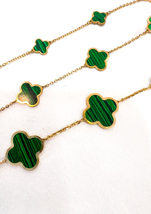 14k Yellow Gold Malachite Clover Station Necklace