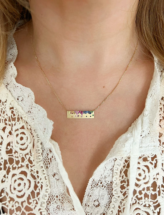 14K Yellow Gold Rainbow Sapphire Bar Necklace