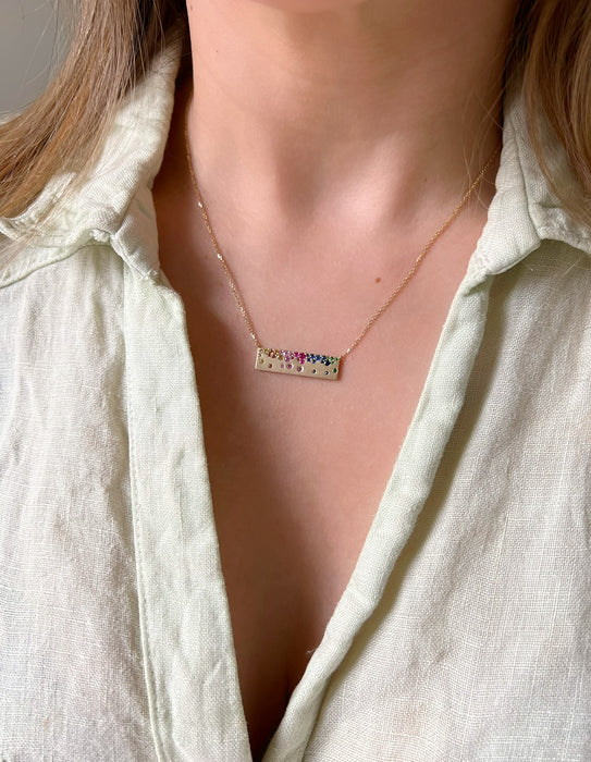 14K Yellow Gold Rainbow Sapphire Bar Necklace