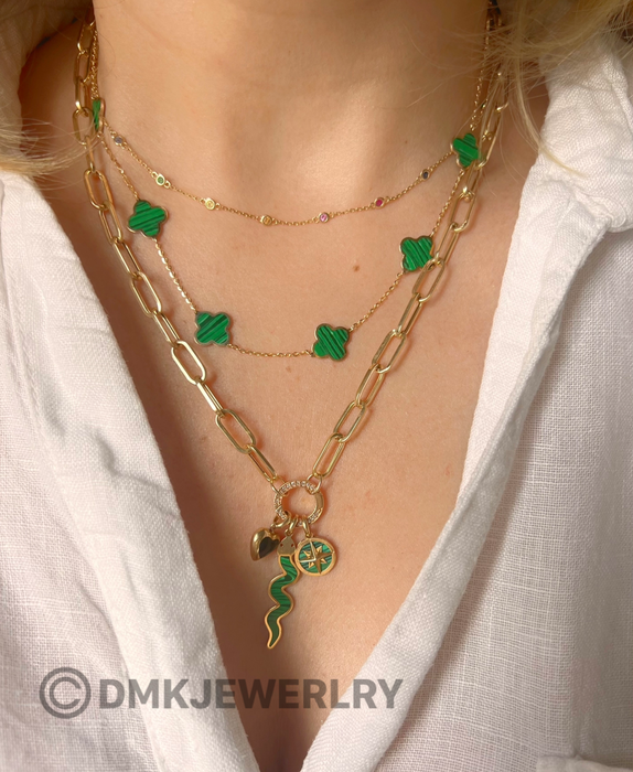 14K Yellow Gold Malachite Four Leaf Clover Pendant or Necklace