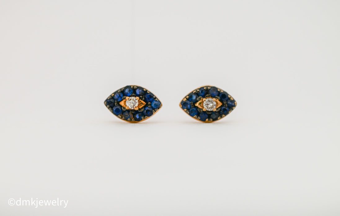 Blue Sapphire and Diamond Evil Eye Stud Earrings 14K Yellow Gold