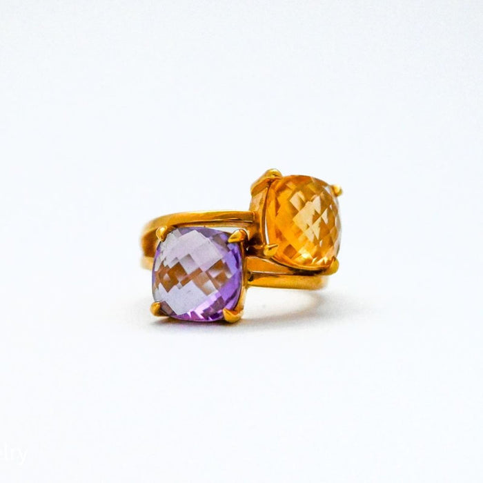 Amethyst and Citrine Bypass Vintage Ring 18K Yellow Gold