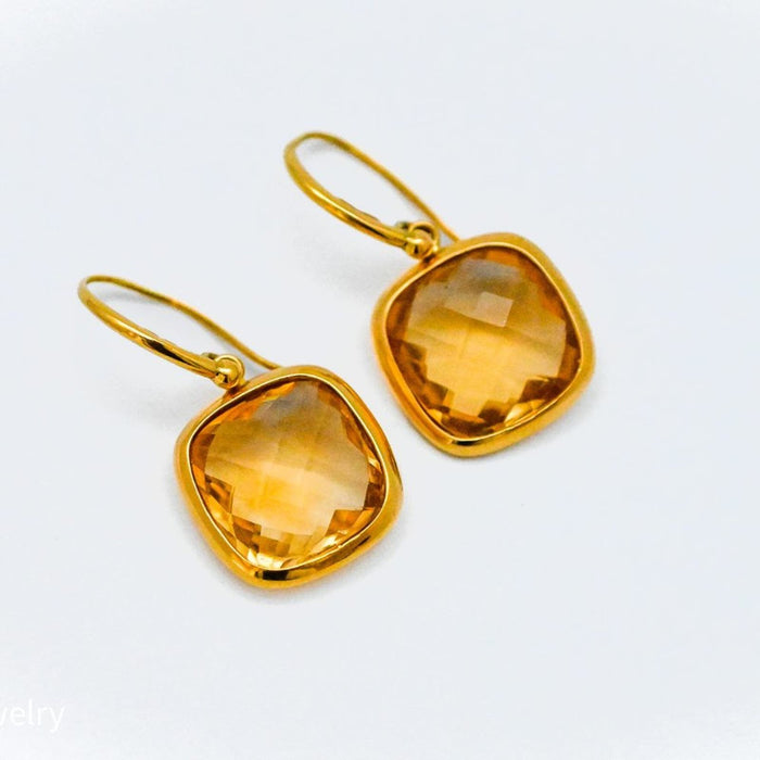 18K Yellow Gold Cushion Cut Citrine Earrings J-Back