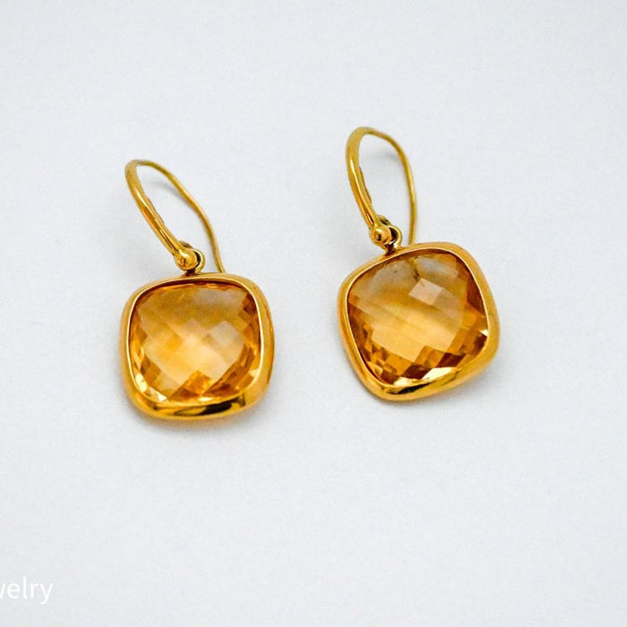 18K Yellow Gold Cushion Cut Citrine Earrings J-Back