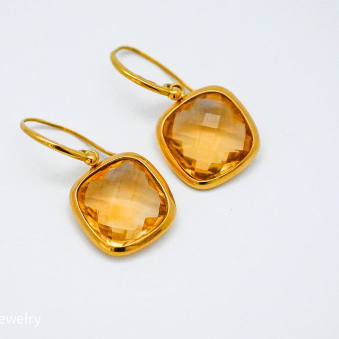 18K Yellow Gold Cushion Cut Citrine Earrings J-Back