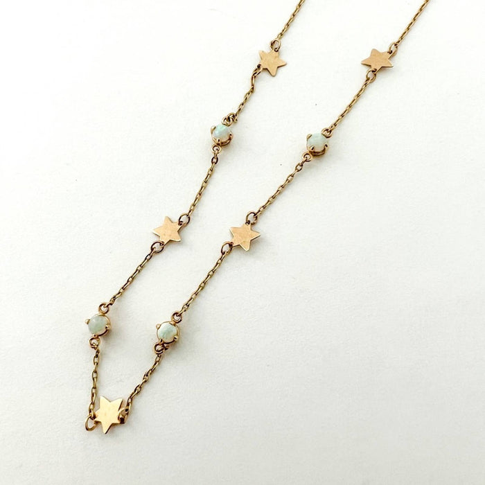 Star and Opal Station Chocker Necklace 14K Yellow Gold