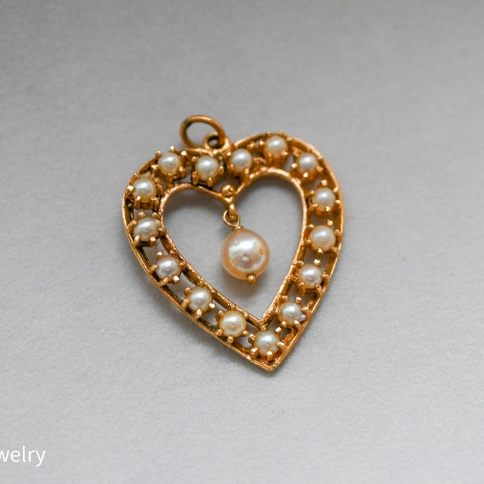 Antique  Pearl Heart Shape Pendant 14K Yellow Gold