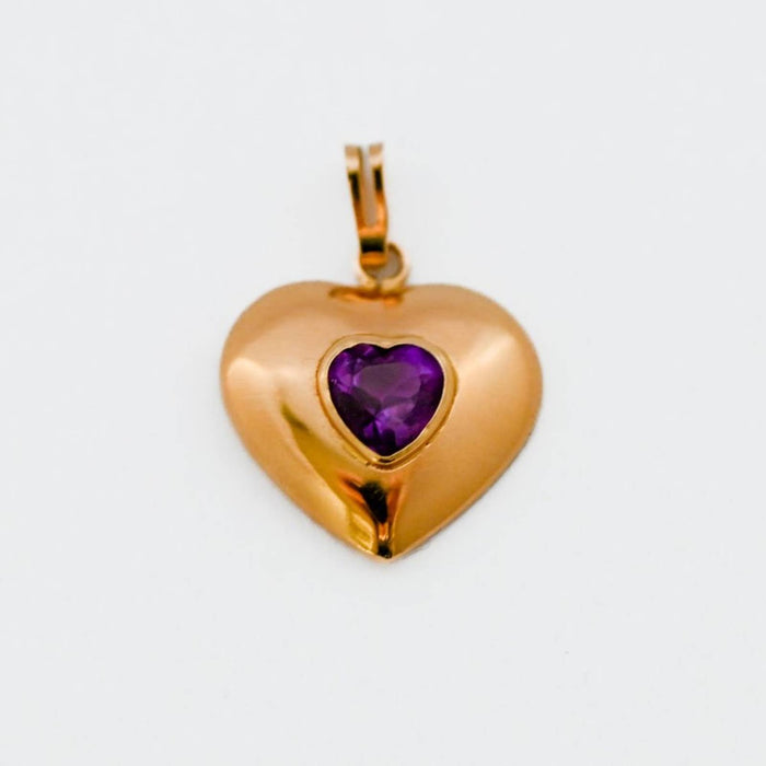 Amethysts Puffed Heart Vintage Charm Pendant 14K Yellow Gold