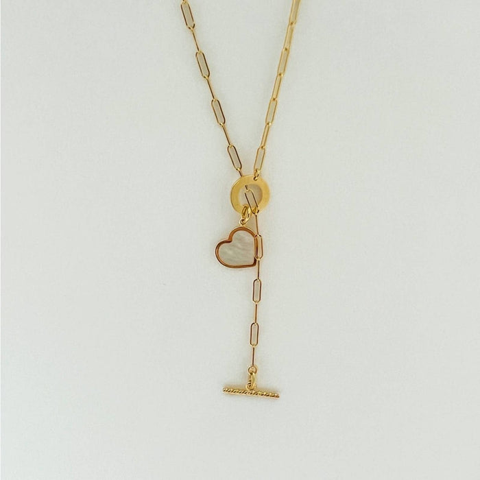 Mother Of Pearl Heart Charm 14K Yellow Gold Paperclip Toggle Clasp Necklace